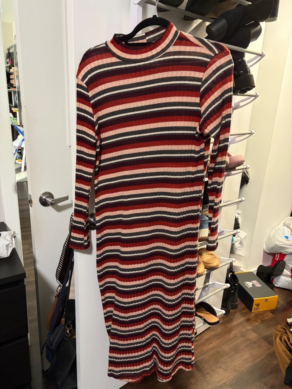 Ribbed Striped Midi Dress in Rust, Burgundy & Cream